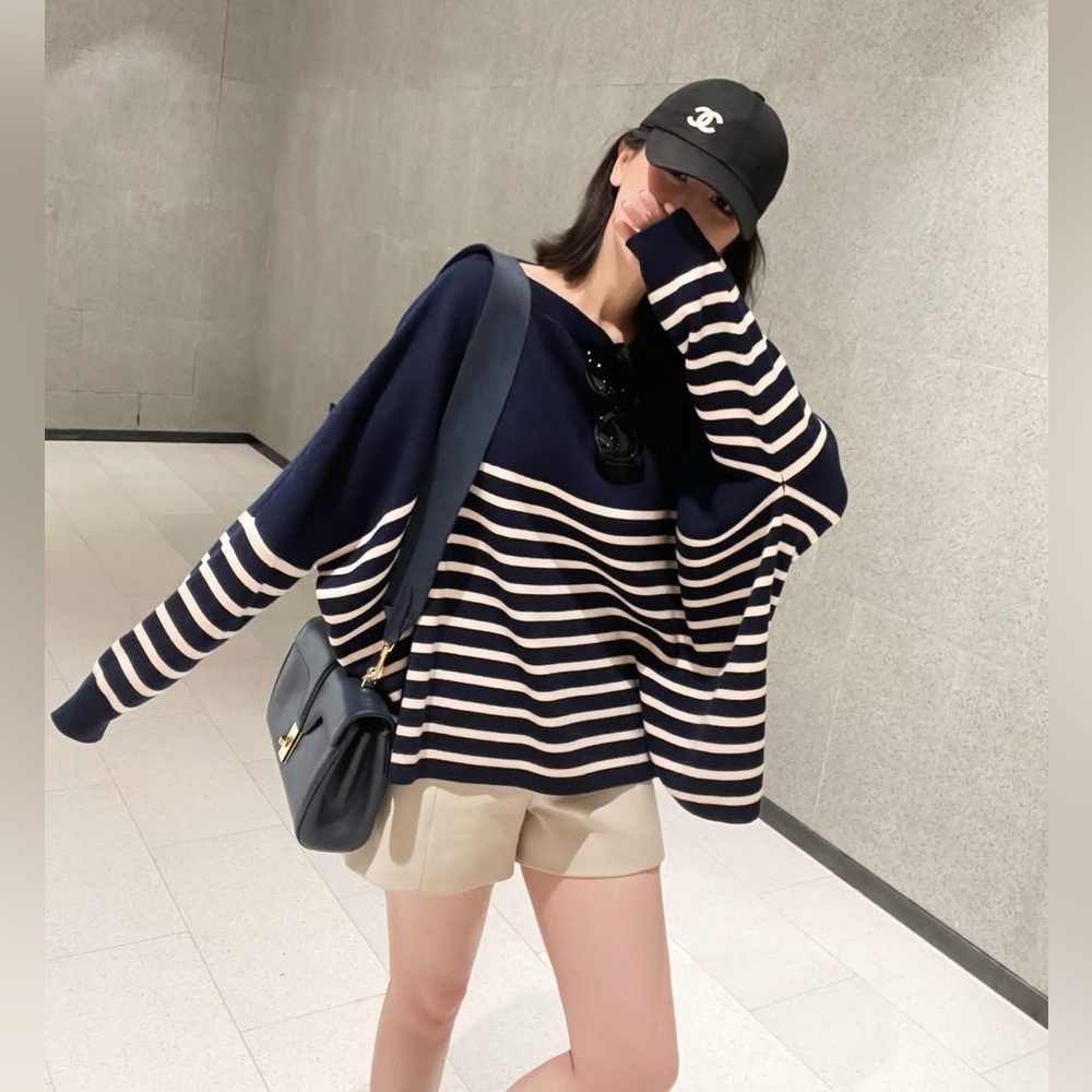 Navy Blue Striped Oversized Batwing Sweater | Dolman Sleeve | Cozy Wool Blend
